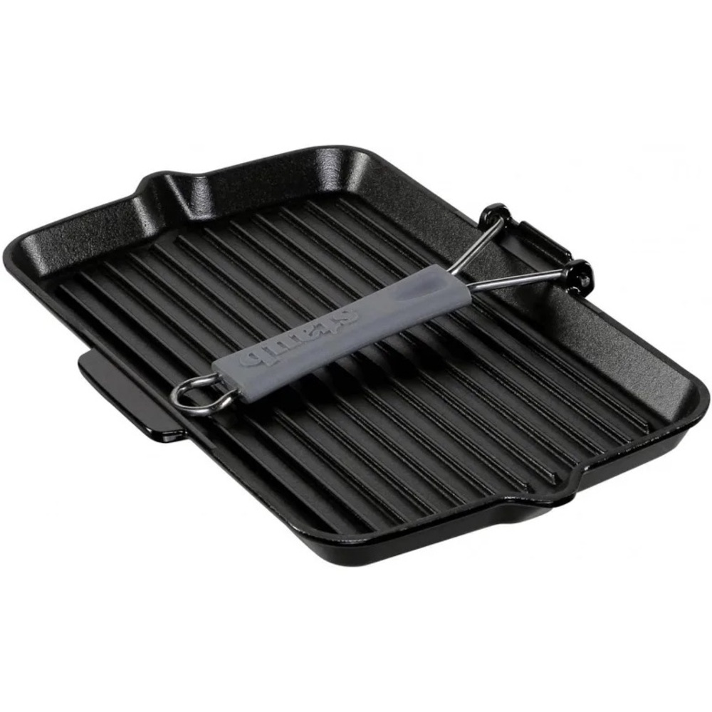 NIB STAUB Cast Iron Black Rectangular Folding Grill with Silicone Handle - Picture 5 of 9
